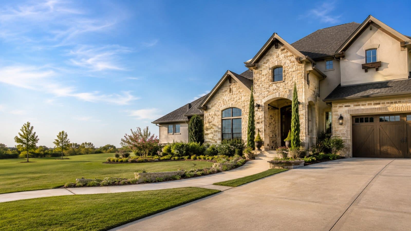 A bright, sunny day at a large Texas stone and stucco home with a long driveway